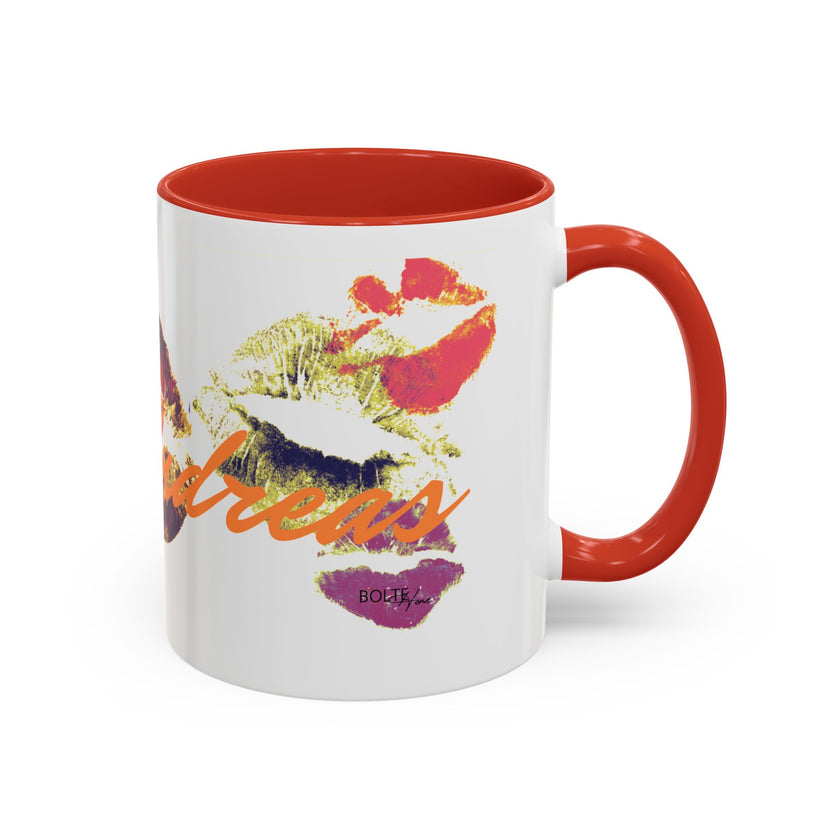 The Kiss Print Accent Coffee Mug—Personalized 'A Thousand Kisses' Pop-Art Lip Design (11oz)—is a white ceramic mug with a red handle, lipstick kiss prints, yellow 