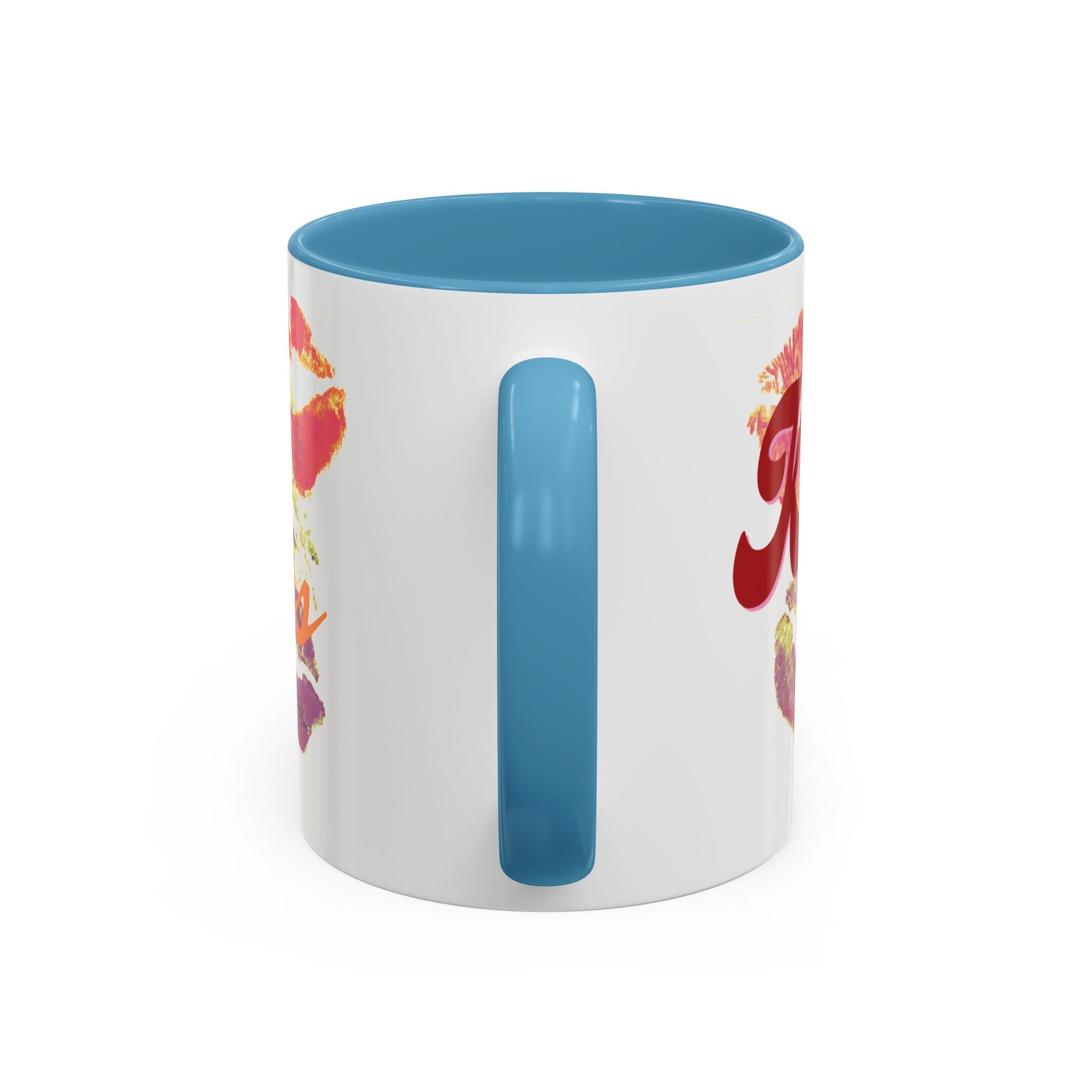 White mug with blue handle and interior, featuring colorful graphics on a white background