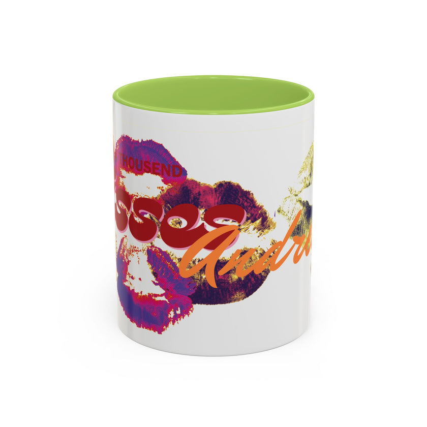 Brighten your mornings with the Kiss Print Accent Coffee Mug—a 11oz pop-art mug featuring colorful lipstick prints, bold 
