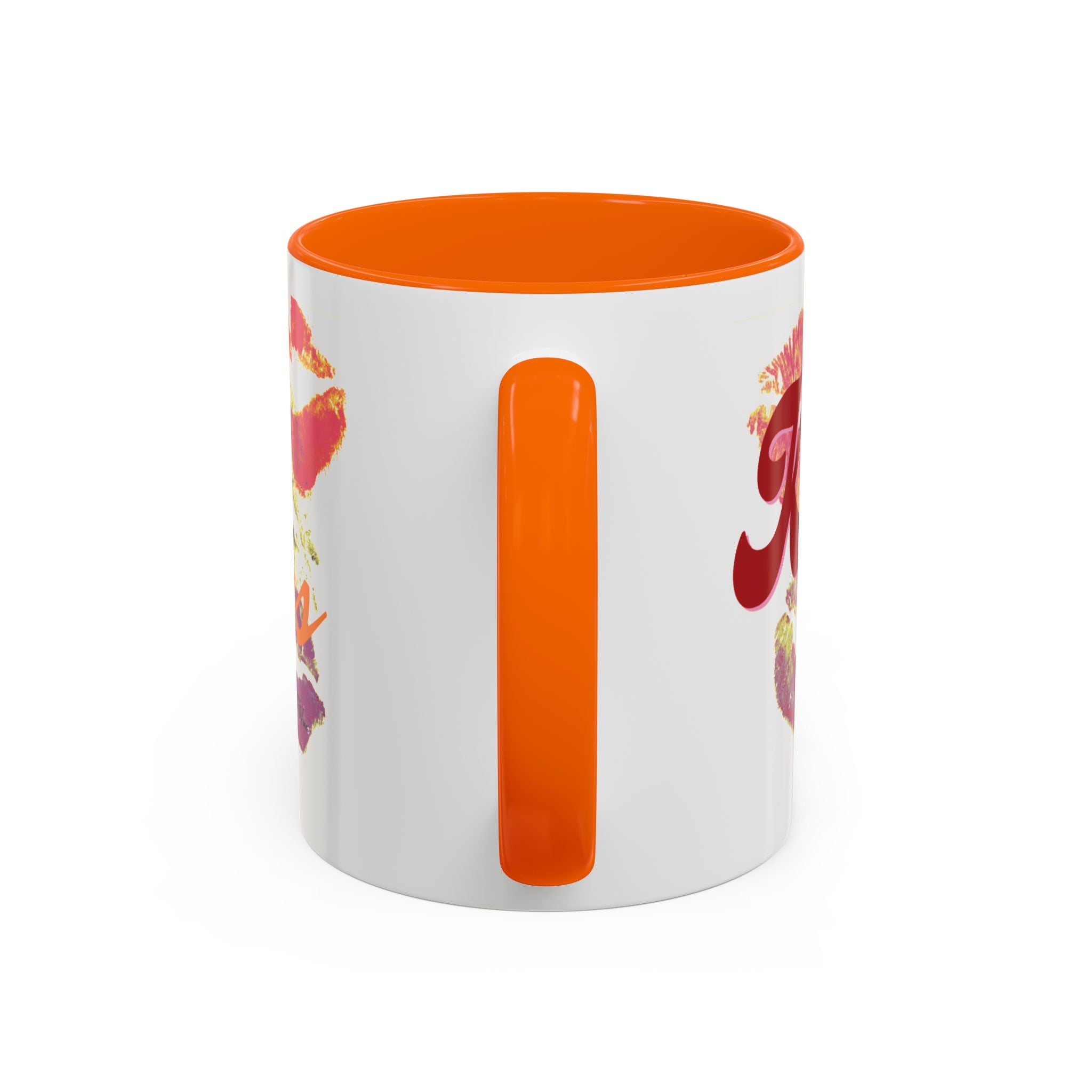 White mug with orange interior and handle, featuring colorful graphics on a white background