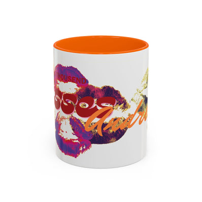 The Kiss Print Accent Coffee Mug—Personalized 'A Thousand Kisses' Pop-Art Lip Design (11oz)—features bold lipstick kisses, vibrant colors, and artistic fonts for a playful pop art addition to your ceramic mug collection.