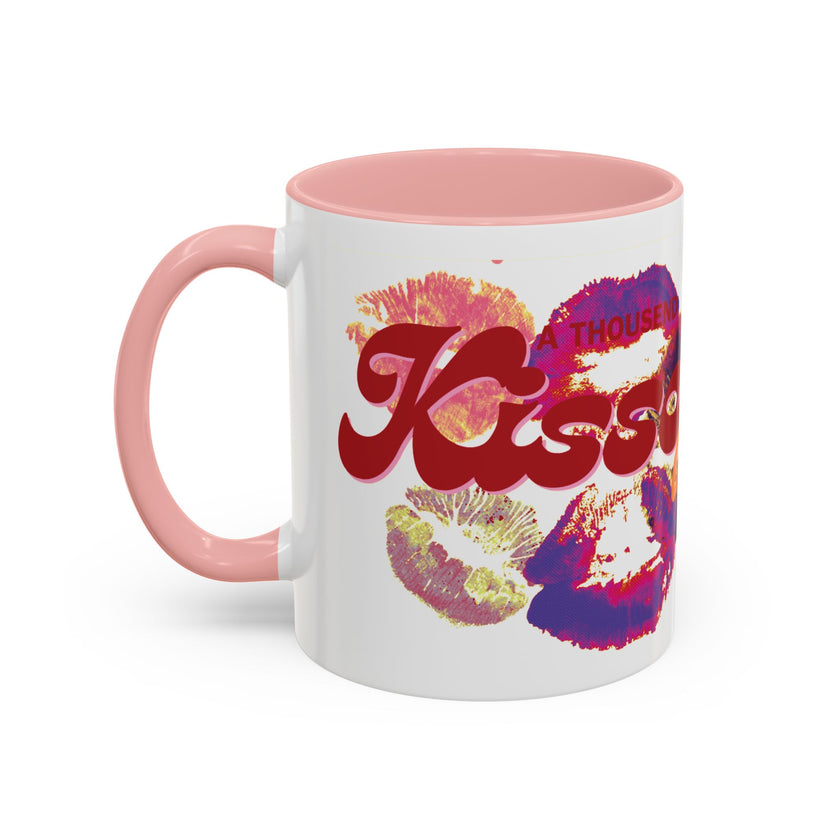 The Kiss Print Accent Coffee Mug—Personalized 'A Thousand Kisses' Pop-Art Lip Design (11oz)—features colorful lipstick prints, bold 