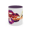 The Kiss Print Accent Coffee Mug — Personalized 'A Thousand Kisses' Pop-Art Lip Design (11oz) features a white exterior, purple interior, colorful kiss prints and text. Dishwasher safe for easy cleaning.