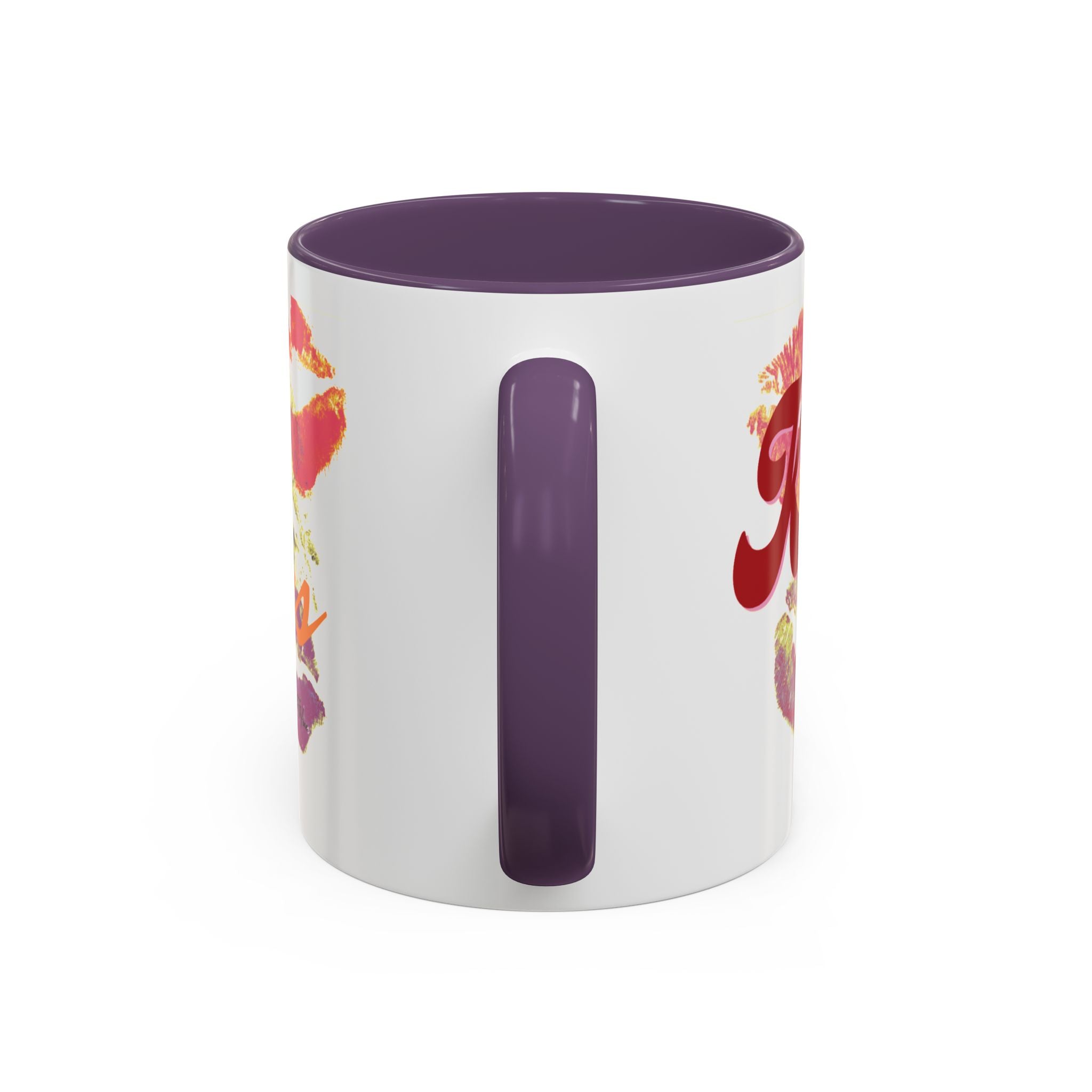 White mug with purple handle and interior, featuring colorful fruit design on a white background