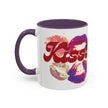 Mug with colorful Kiss logo and text on a white background