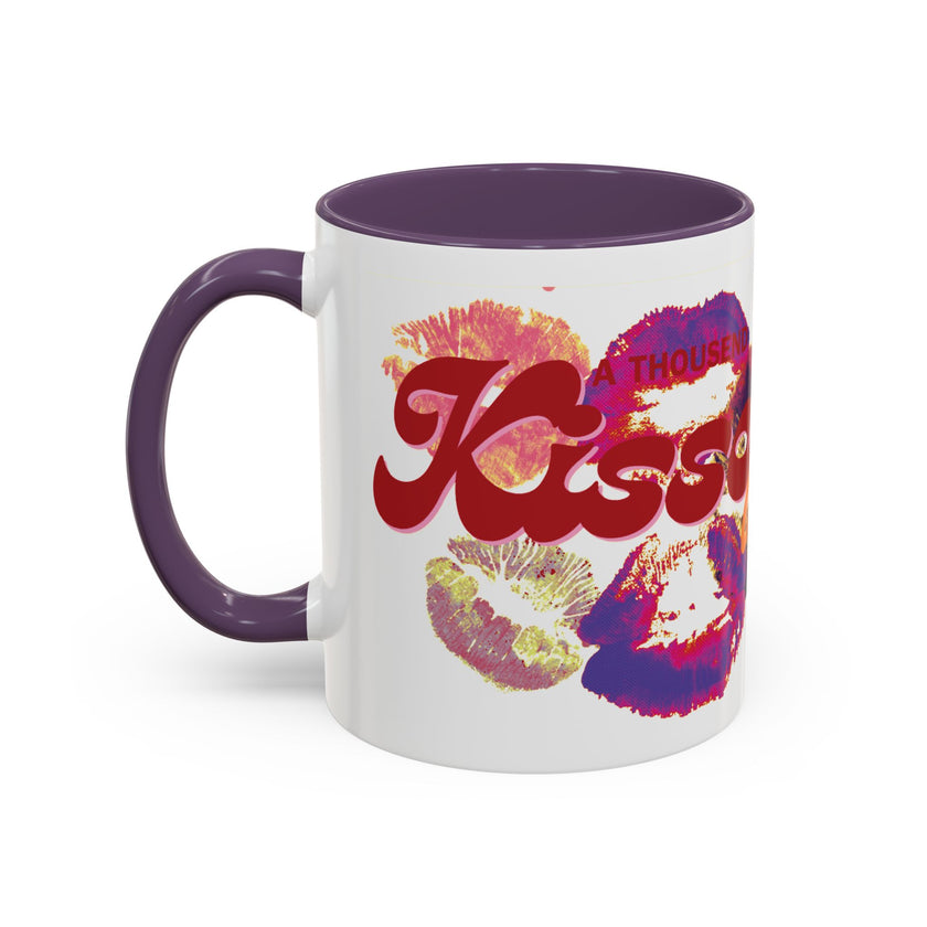 Mug with colorful Kiss logo and text on a white background