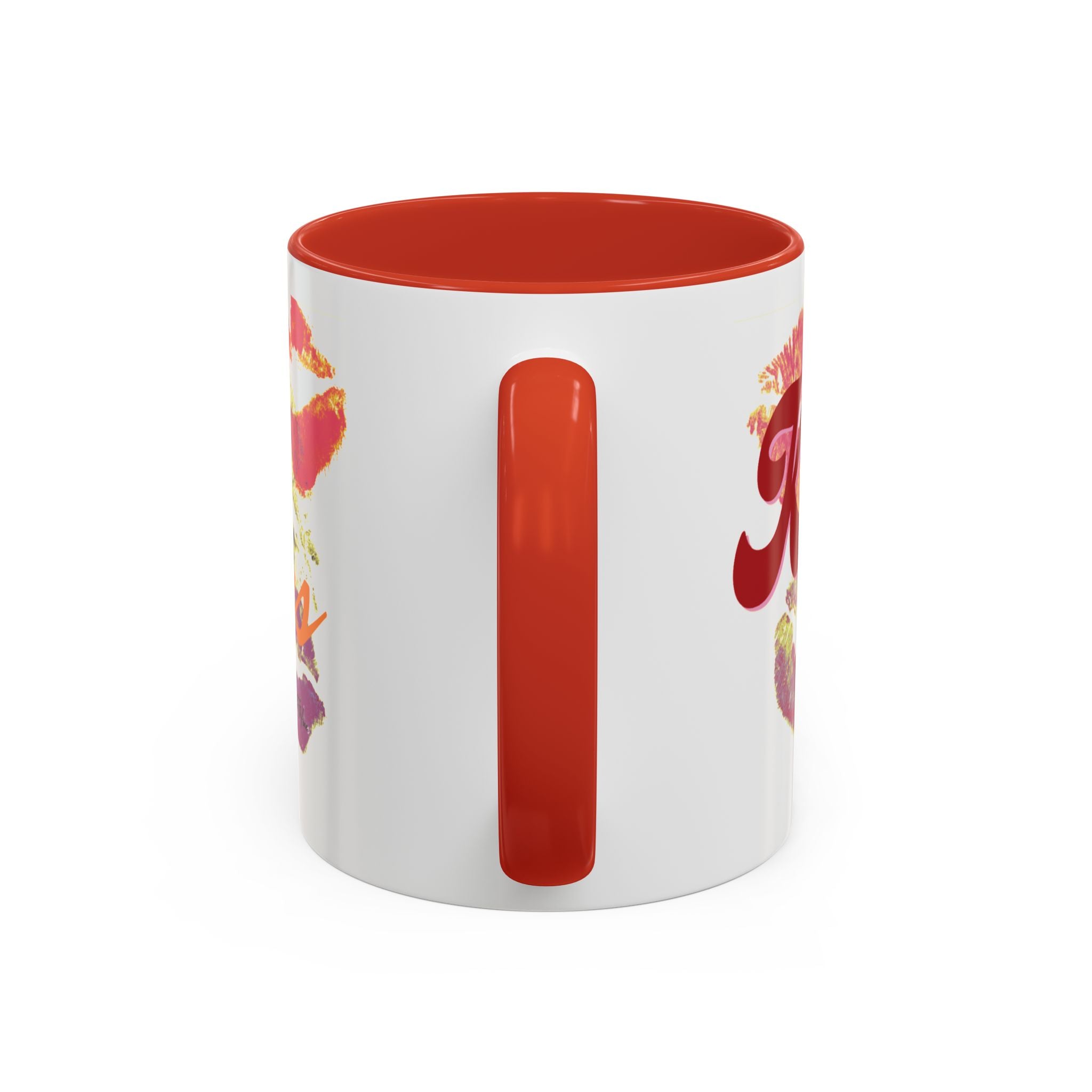 The Kiss Print Accent Coffee Mug (11oz) features a personalized 'A Thousand Kisses' pop-art lip design on white ceramic, with a bold red handle and interior for a vibrant addition to your collection.