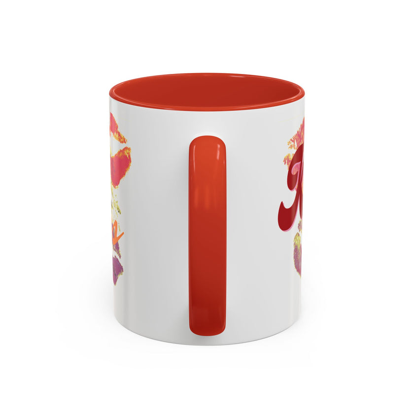 The Kiss Print Accent Coffee Mug (11oz) features a personalized 'A Thousand Kisses' pop-art lip design on white ceramic, with a bold red handle and interior for a vibrant addition to your collection.