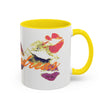 Mug with colorful design and yellow handle on a white background