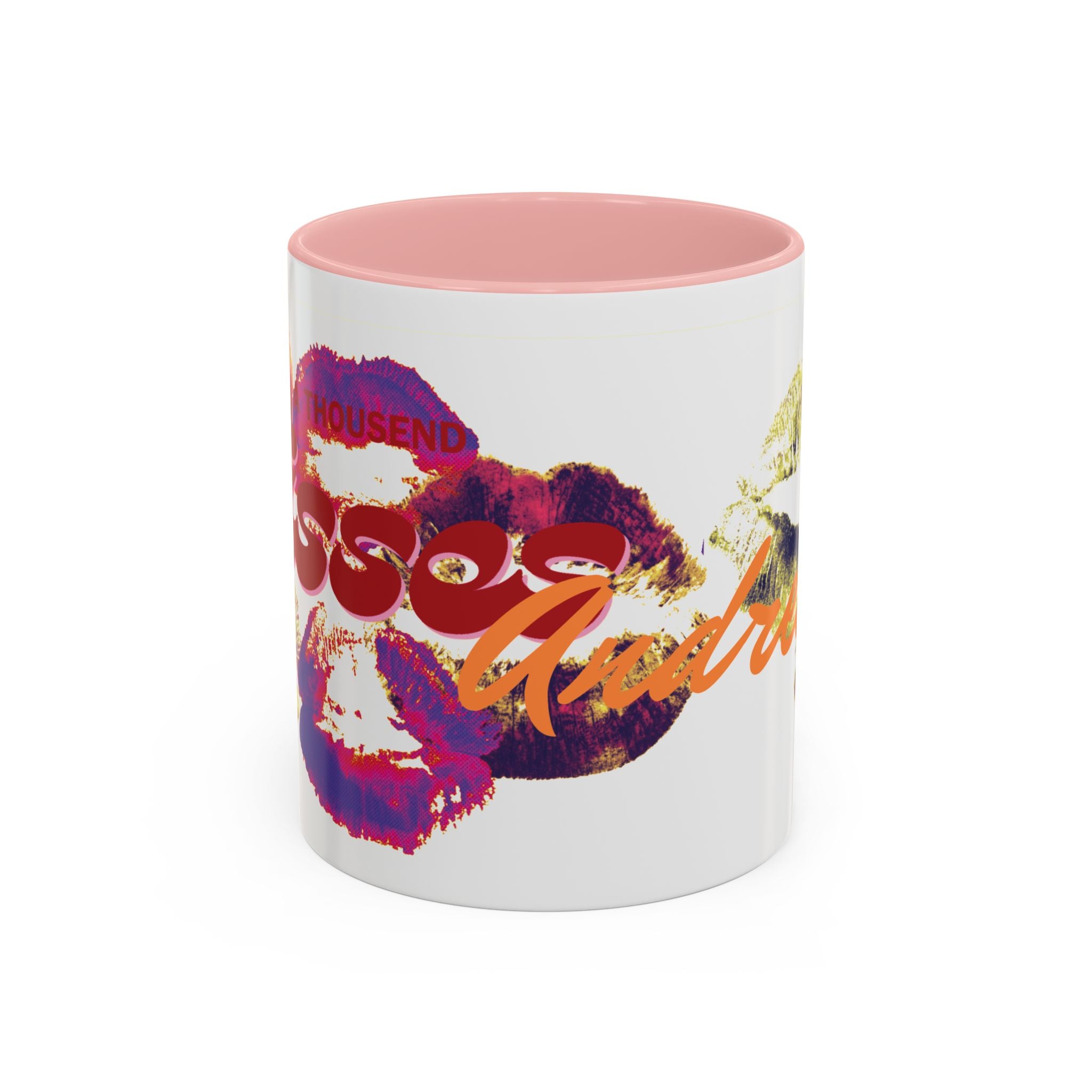 Enjoy your morning brew in the Kiss Print Accent Coffee Mug — an 11oz white ceramic mug with a pink interior, featuring a vibrant pop-art lip design and 