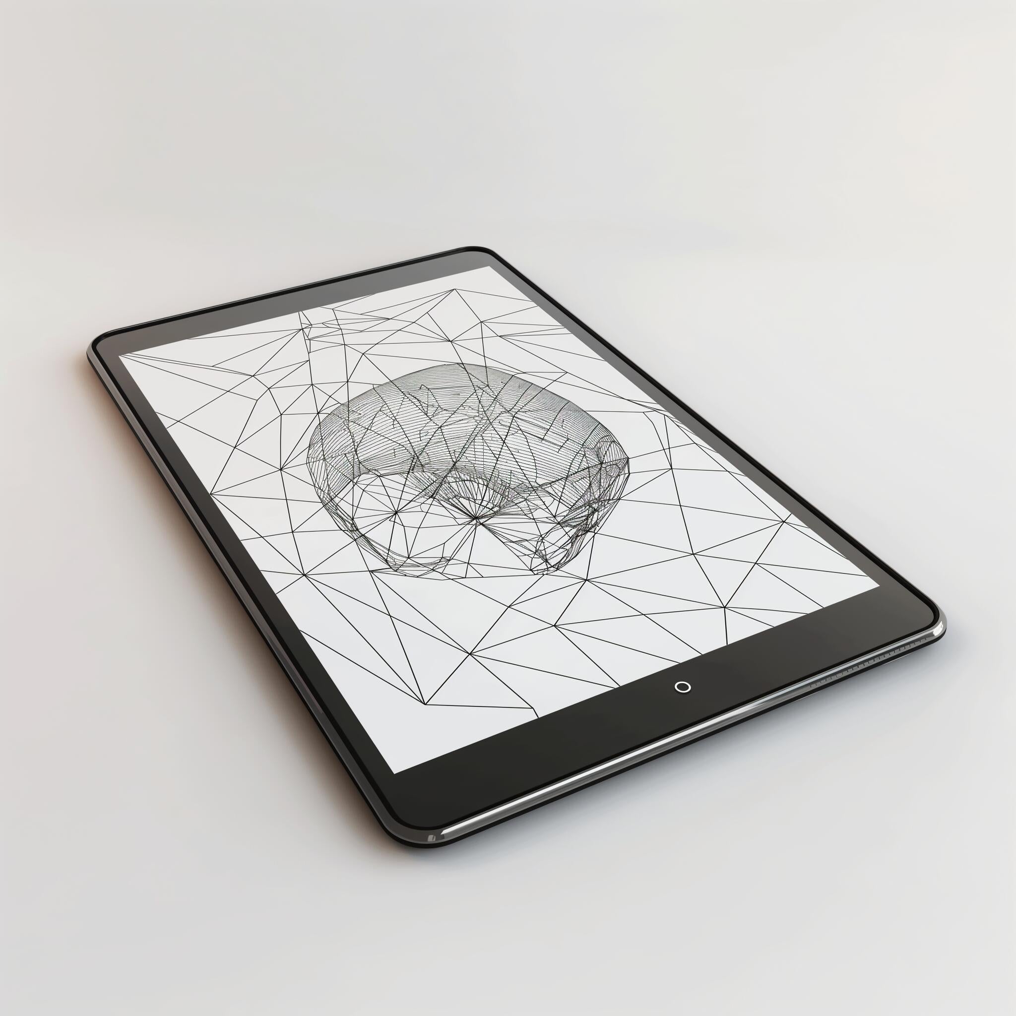 The Example product, a black tablet, rests on a white surface and shows a geometric wireframe design of a human skull with intersecting lines on its screen.