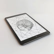 The Example product, a black tablet, rests on a white surface and shows a geometric wireframe design of a human skull with intersecting lines on its screen.