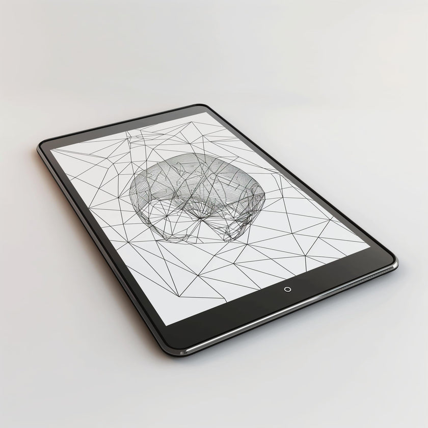 The Example product, a black tablet, rests on a white surface and shows a geometric wireframe design of a human skull with intersecting lines on its screen.