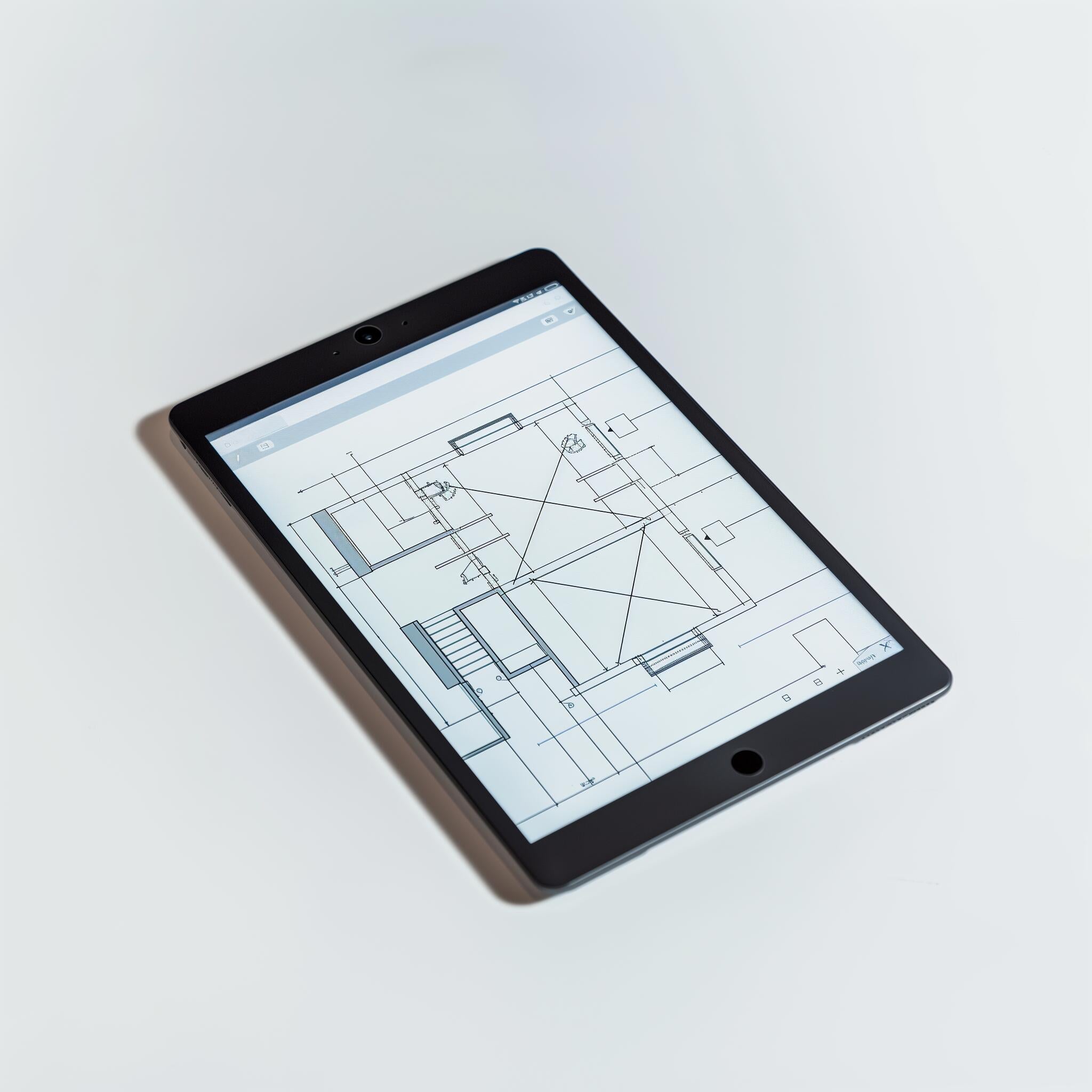 The Example product, a black tablet on a white surface, displays a technical architectural floor plan with detailed lines and room layouts visible on its screen.