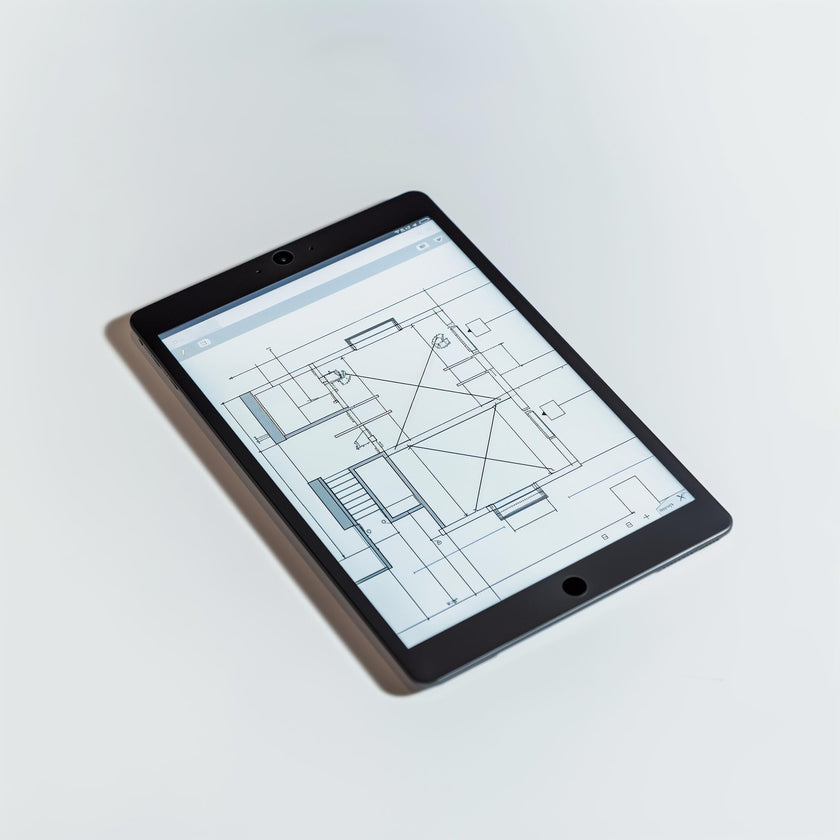 The Example product, a black tablet on a white surface, displays a technical architectural floor plan with detailed lines and room layouts visible on its screen.