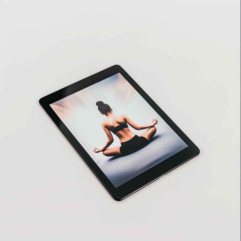An Example product tablet rests on a white surface, showing a woman in workout clothes sitting cross-legged in a meditative yoga pose with her hands on her knees, viewed from behind.