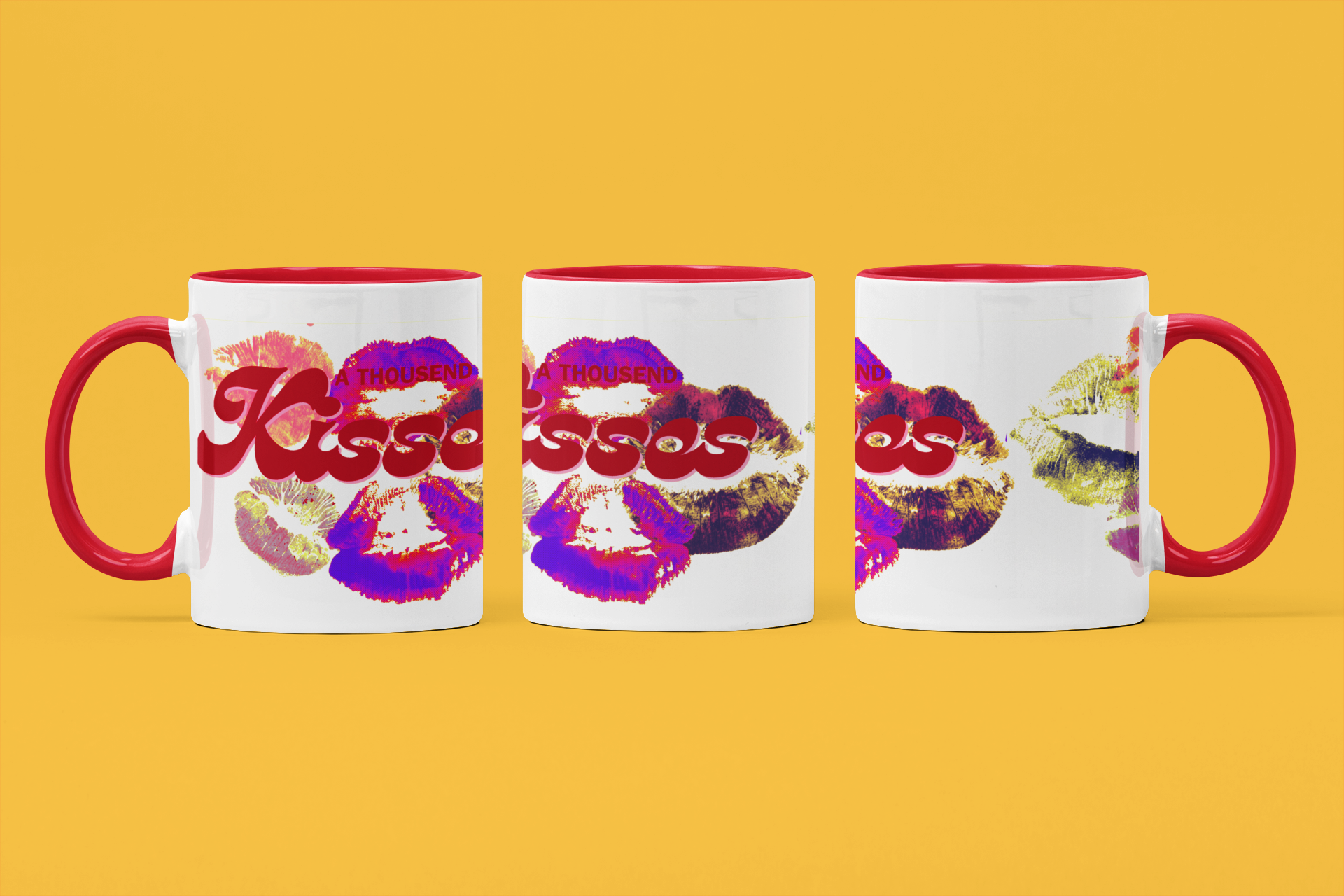 Three mugs with colorful designs and text on a yellow background