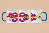 Three mugs with colorful lip art design on a beige background