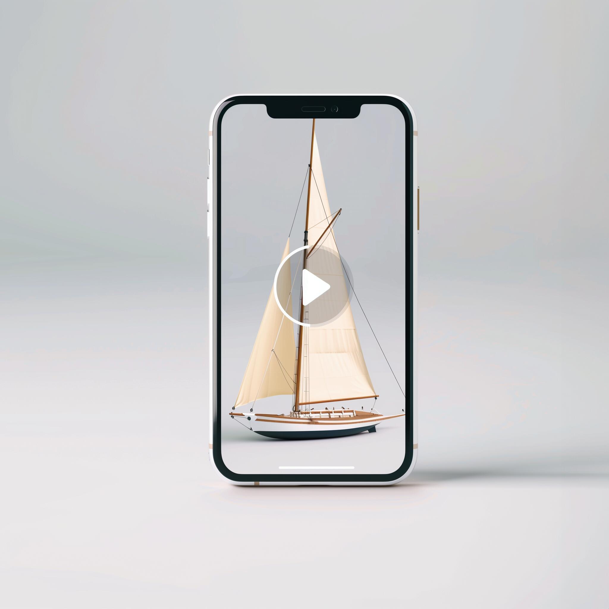 An upright Example product displays a video with a play button overlay, featuring a model sailboat with cream-colored sails set against a plain, light background.