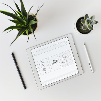 Example product is shown on a tablet with simple sketches of plants and objects, set on a white desk beside two potted succulents, a black pen, and a white stylus.