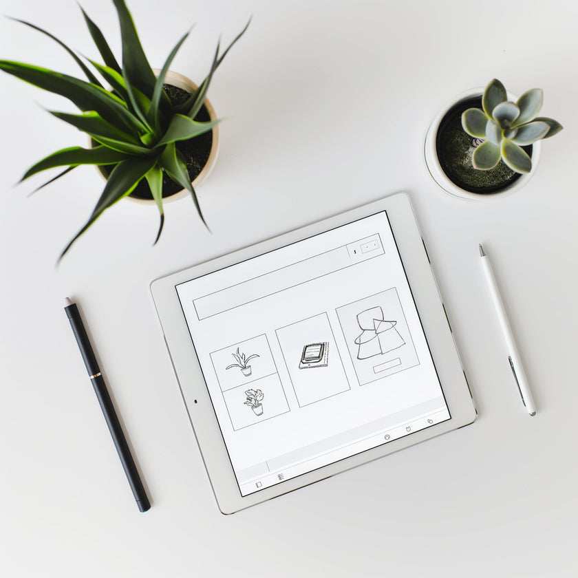 Example product is shown on a tablet with simple sketches of plants and objects, set on a white desk beside two potted succulents, a black pen, and a white stylus.