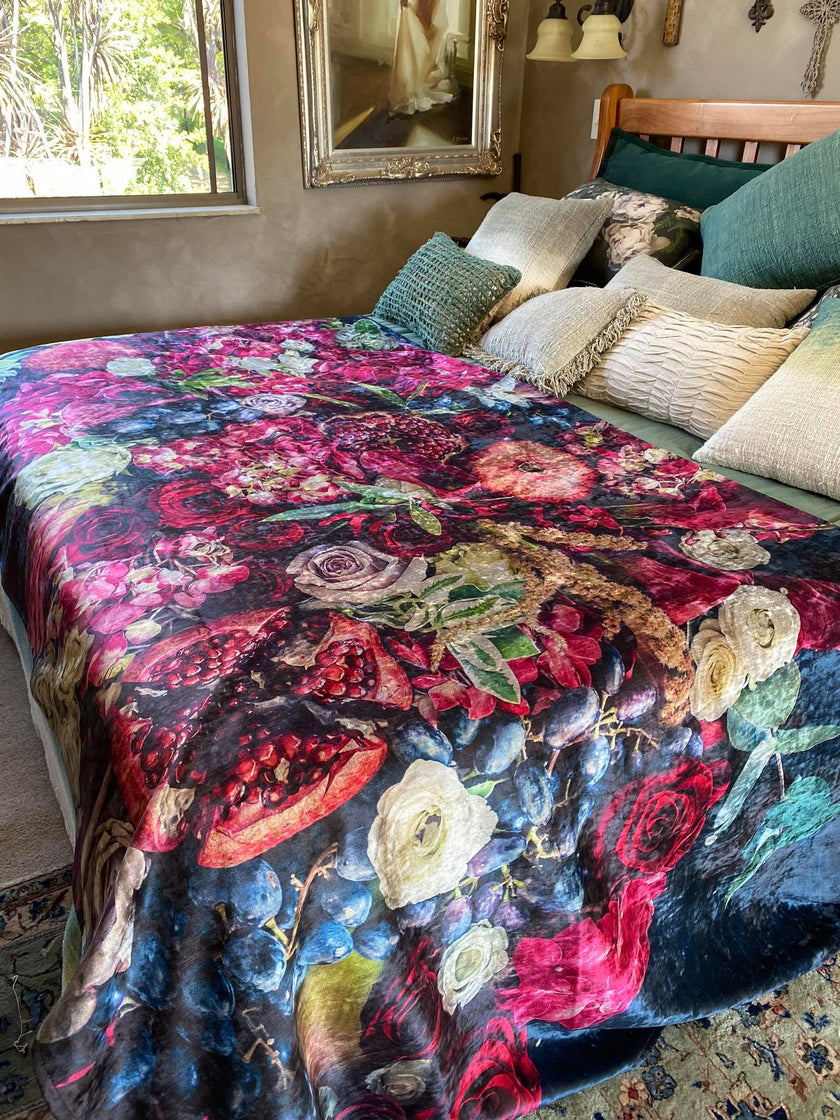 mongolian fleece blanket with floral print and fruits, BOLTE Home Textiles Collection