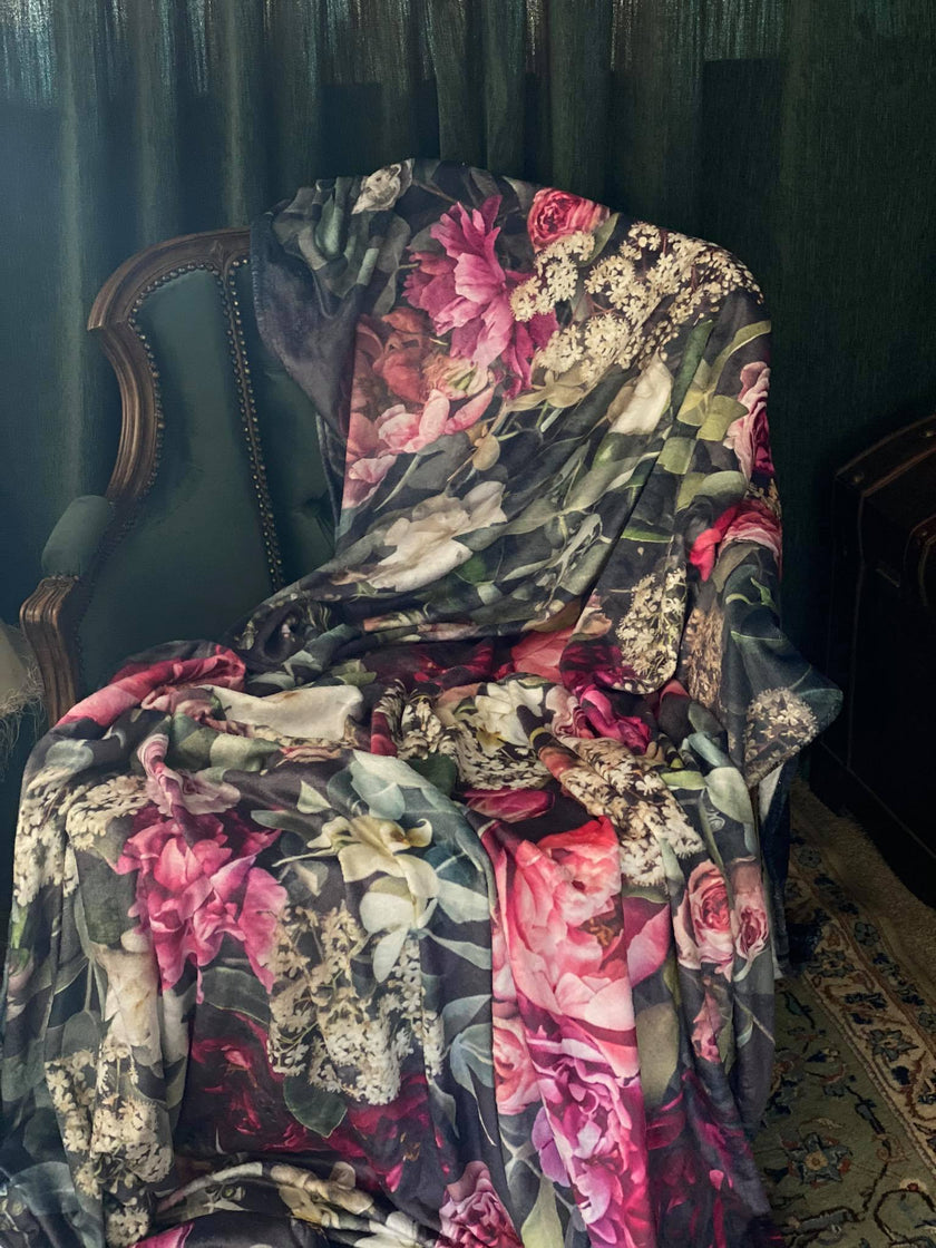 mongolian fleece blanket with floral print and fruits, BOLTE Home Textiles Collection