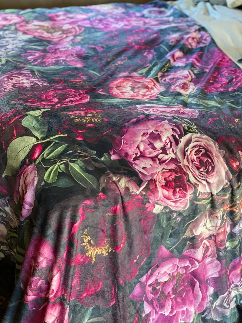 mongolian fleece blanket with floral print and fruits, BOLTE Home Textiles Collection