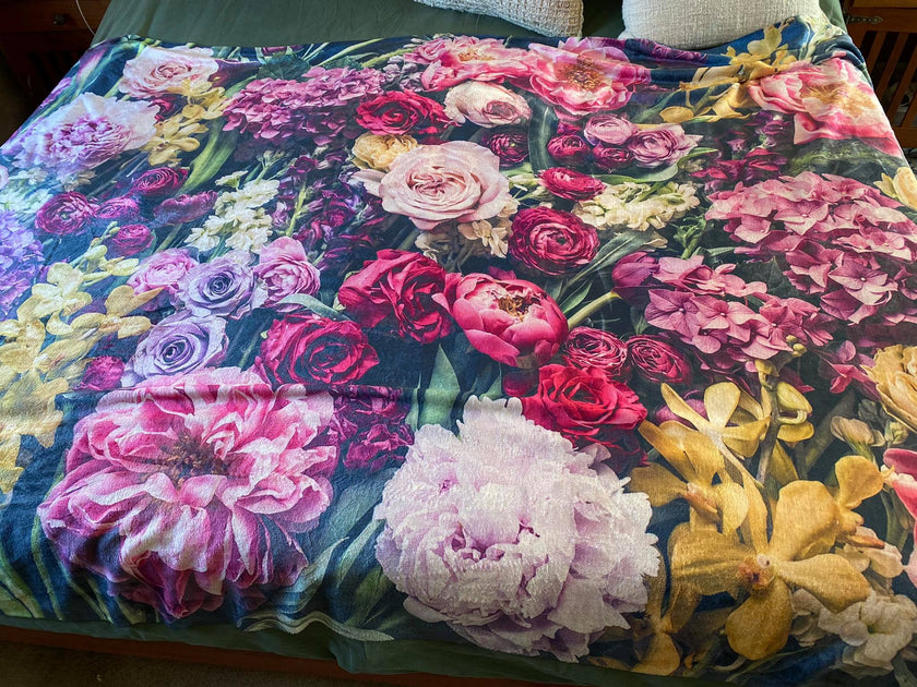 mongolian fleece blanket with floral print and fruits, BOLTE Home Textiles Collection