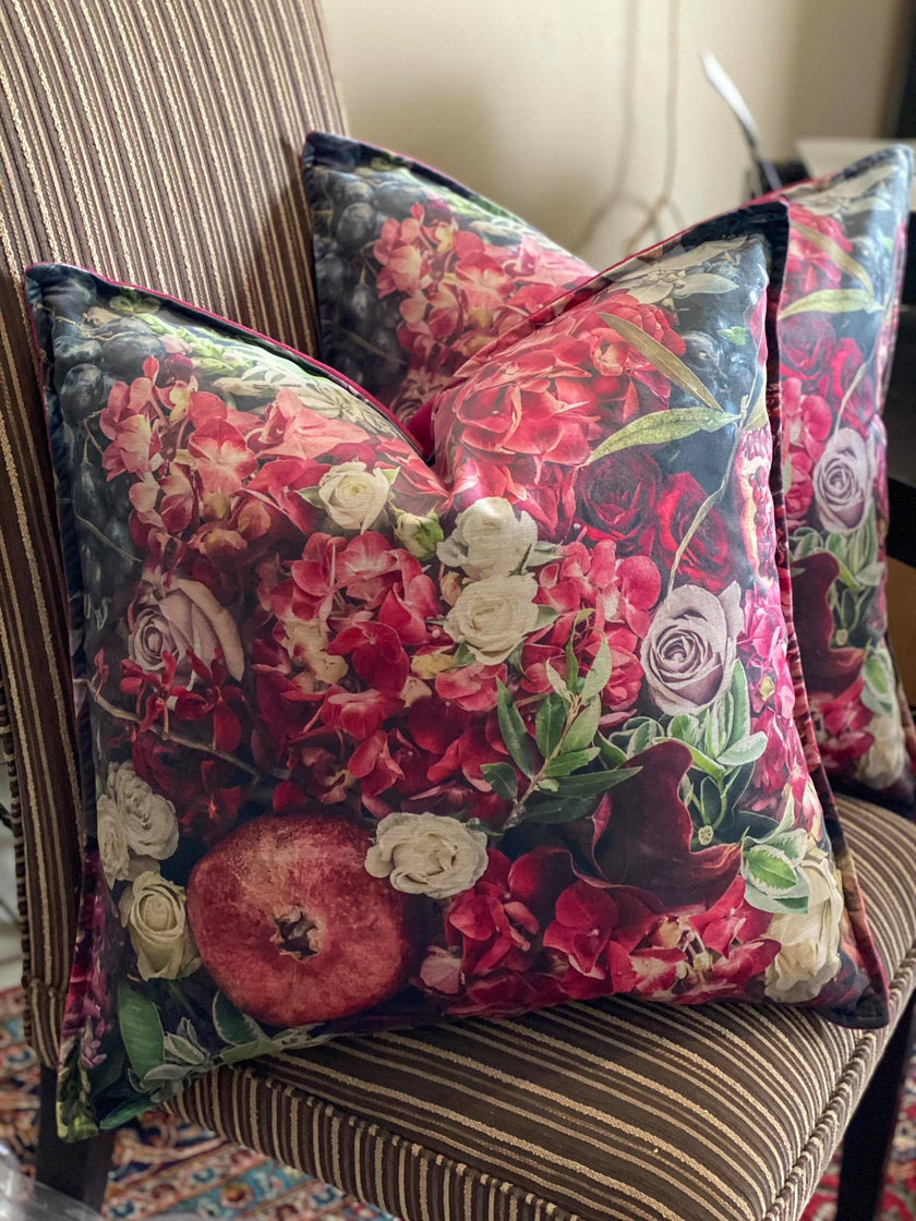 Square Scatter pillow with floral print and fruits, BOLTE Home Textiles Collection