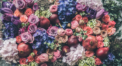 mongolian fleece blanket with floral print and fruits, BOLTE Home Textiles Collection